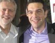 Jeremy Corbyn posing for a photo with Alexis Tsipras of Syriza. It was an old campaign leaflet, but not more recent ones